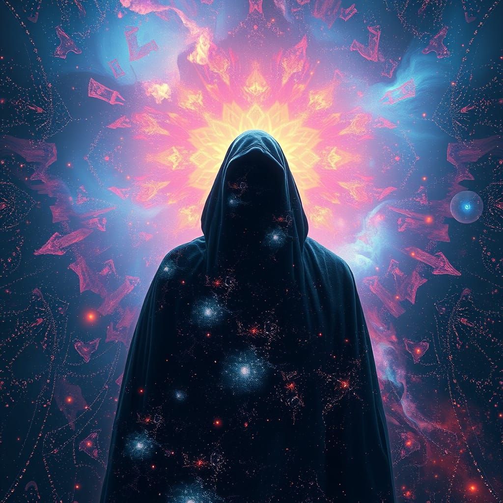 Ethereal Figure Blends into Vibrant Galaxy with Swirling Neb...