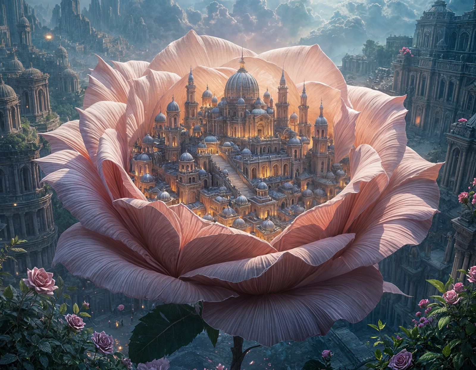 Ancient City Within Giant Rose Petals Digital Matte Painting