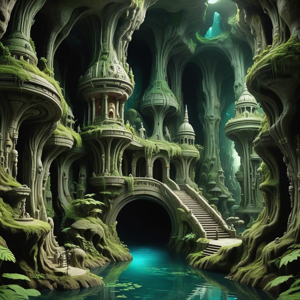 Underground Temple in Lush Sci-Fi Cave