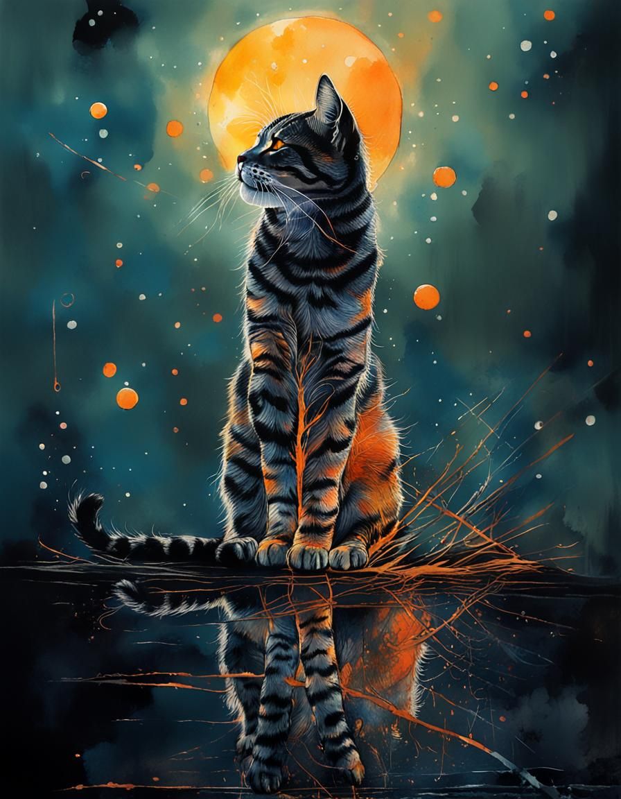 Mystical Cat in Silk Painting with Silver Accents
