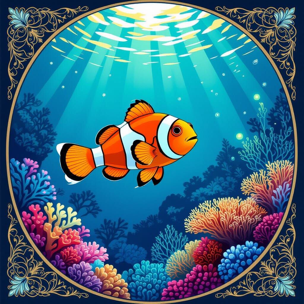 Clownfish Nemo Explores Coral Reef in Art Nouveau Style
