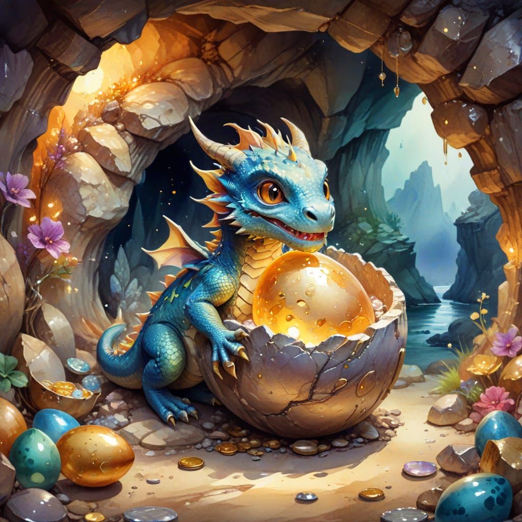 Cute Chibi Dragon Emerging From Treasure Cave