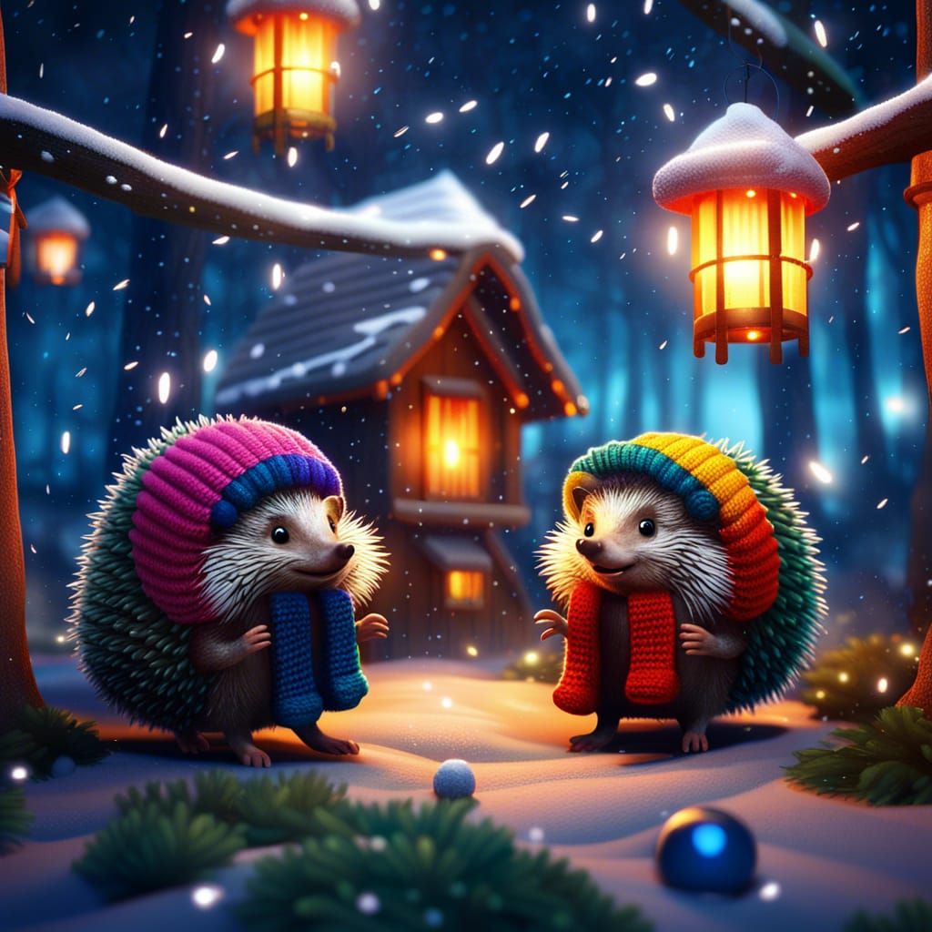 Cartoon Hedgehogs in Winter Forest with Lanterns