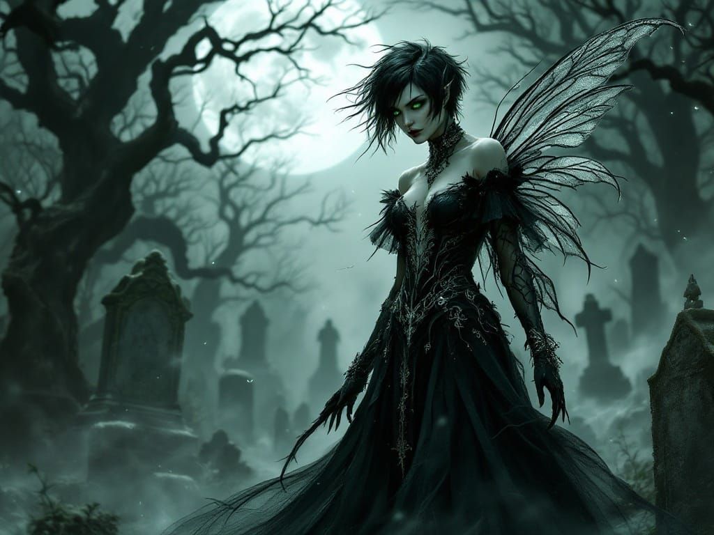 Gothic Fairy Amidst Moonlit Graveyard