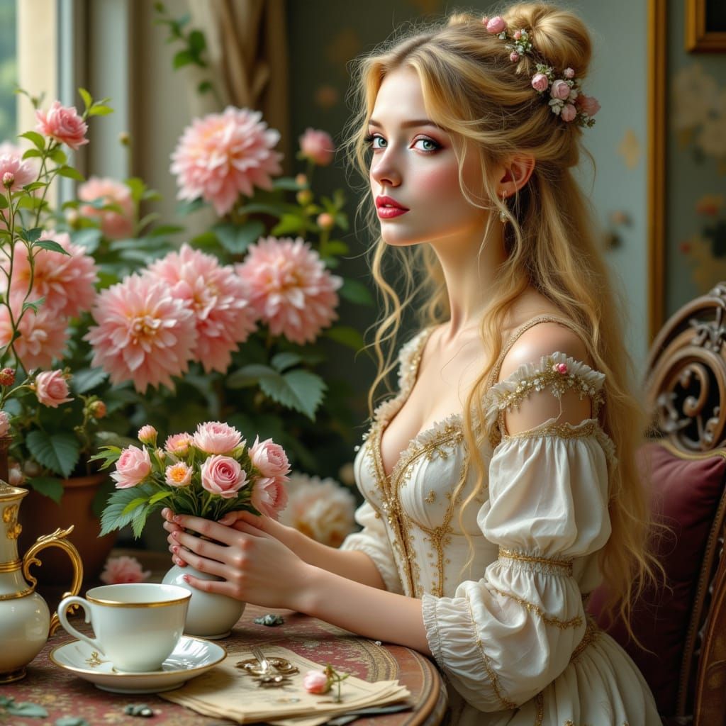 A Pre-Raphaelite-describing a woman with blond hair, waves, ...