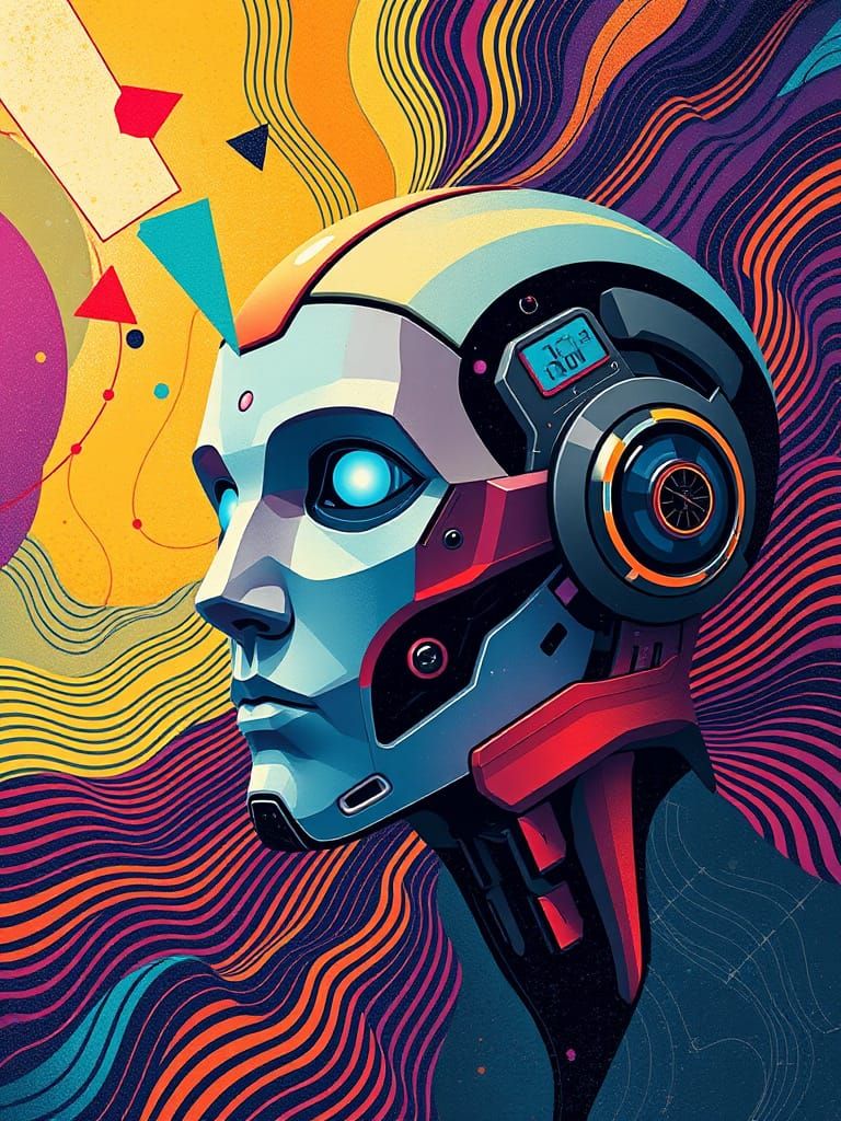 Robot Face in Space: Cubist Geometric Art