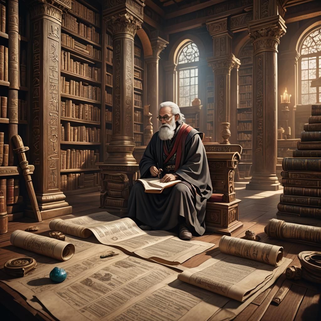 Ancient Scholar in Library: Detailed Matte Painting