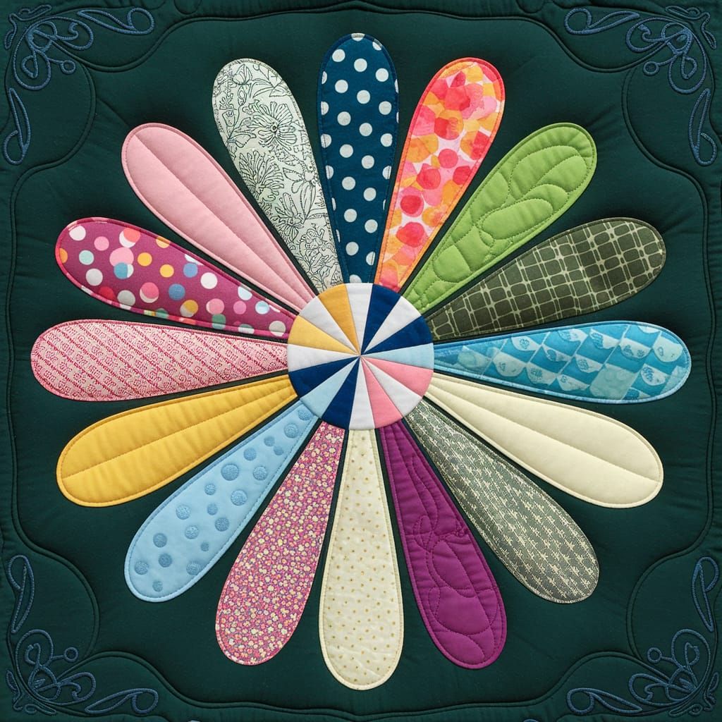 Colorful Flower Appliqué with Intricate Quilting on Dark Gre...