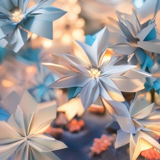 Illuminated Origami Flowers in Evening Garden
