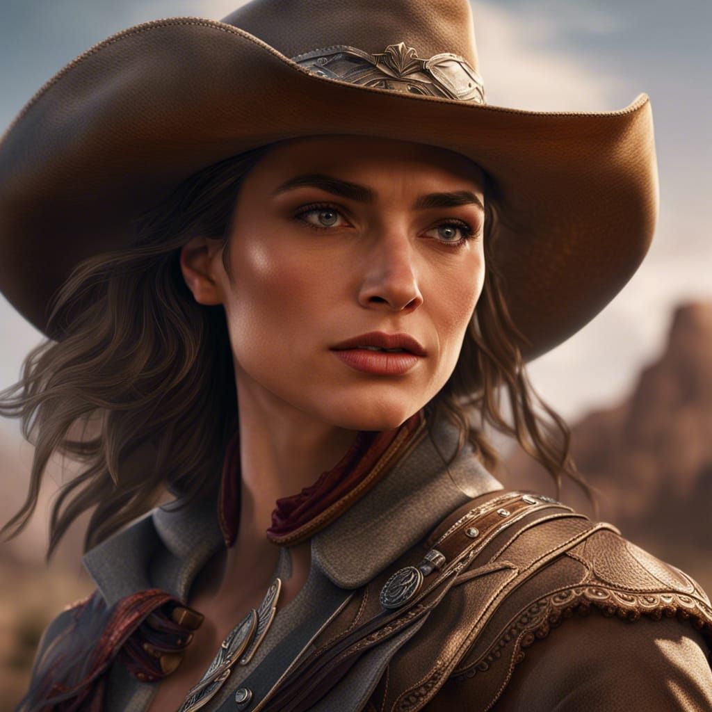 Photorealistic Portrait of Cowgirl in Detailed Matte Paintin...