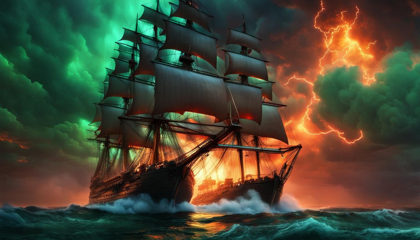 Stormy Seascape: Ship at Sea in Electric Firelight