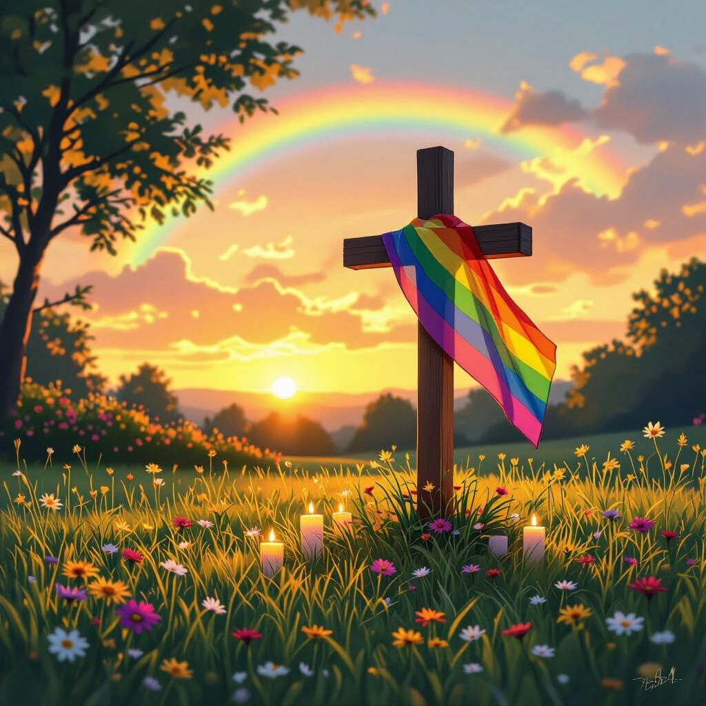 Sunset Lawn with Rainbow Cross in Dreamy Style