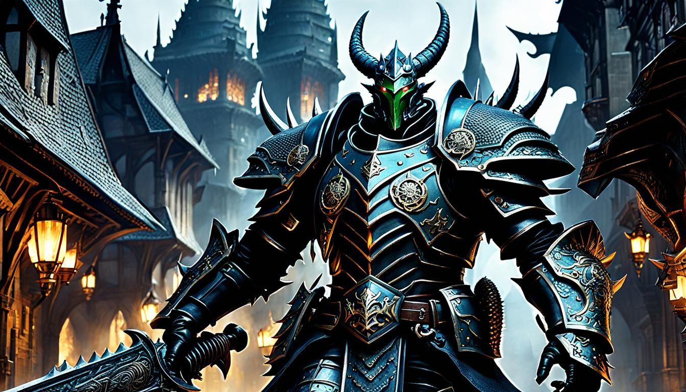 Lizardman Knight in Futuristic Medieval City