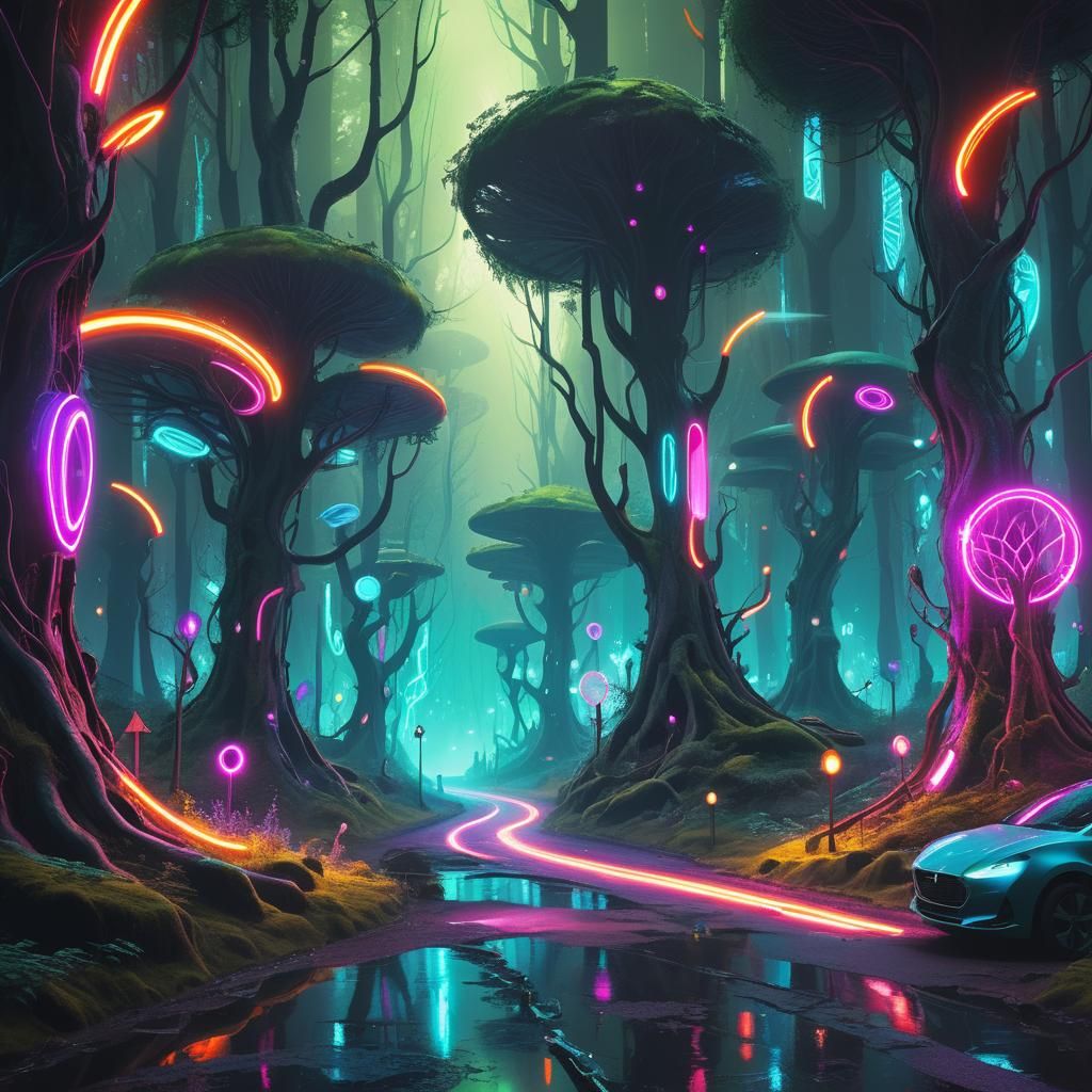 Futuristic Neon Forest Street Scene