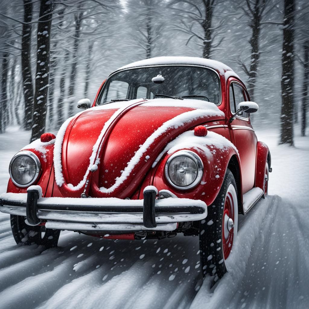 Red VW Beetle Races Through Winter Snow