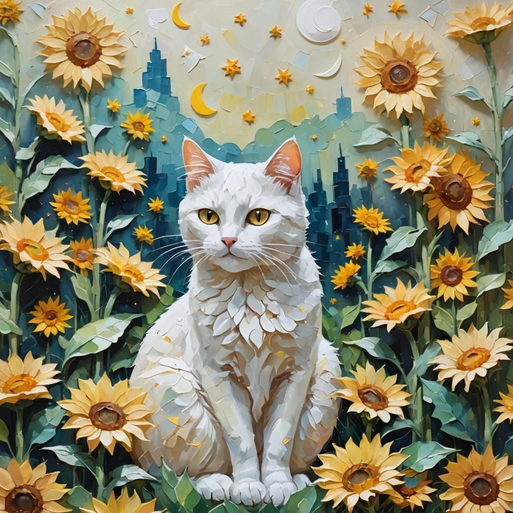 White Cat Under Starry Night Sky as Oil Painting