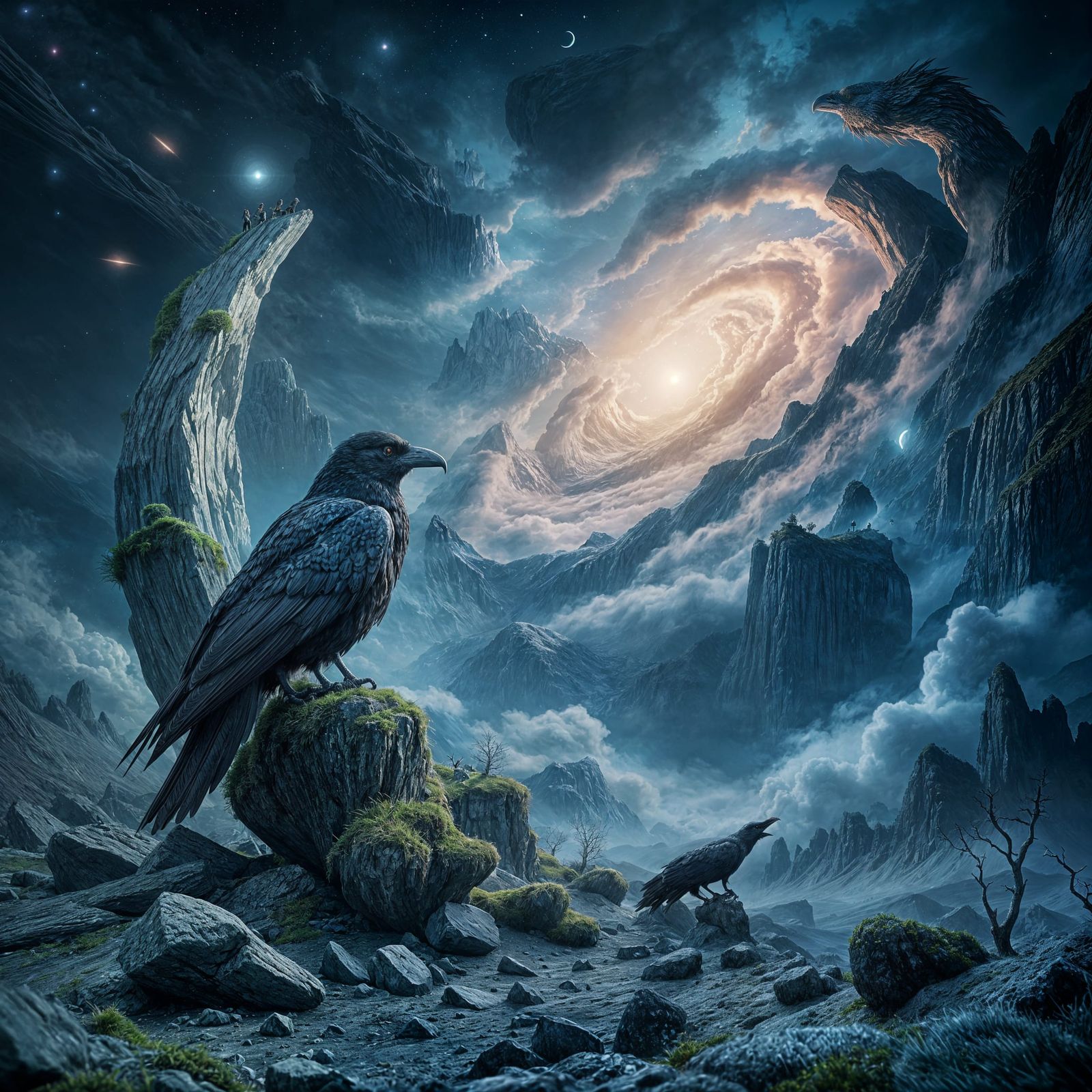 Raven on Moon Fragment Gazing at Galaxy