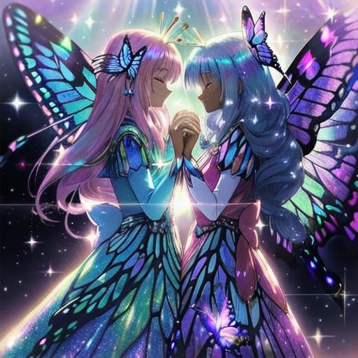 Surreal Anime Fantasy Portrait of Two Dark-Skinned Magical G...