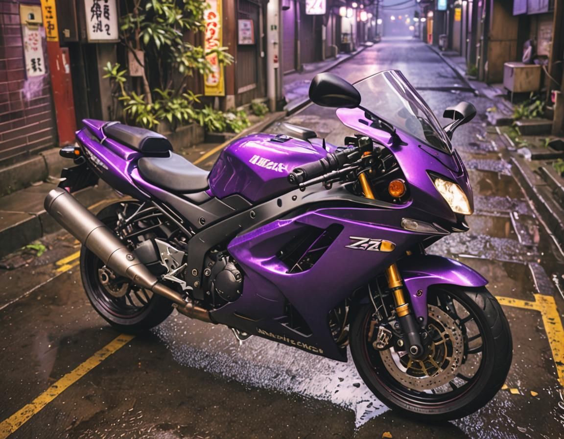 Violet Kawasaki Zx9r Motorcycle in Japanese Alleyway