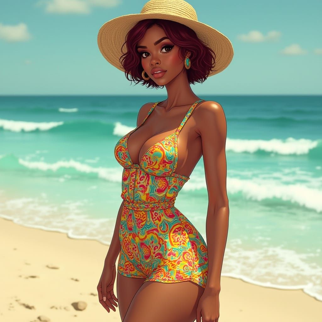 African American Woman on Beach in Art Nouveau Style