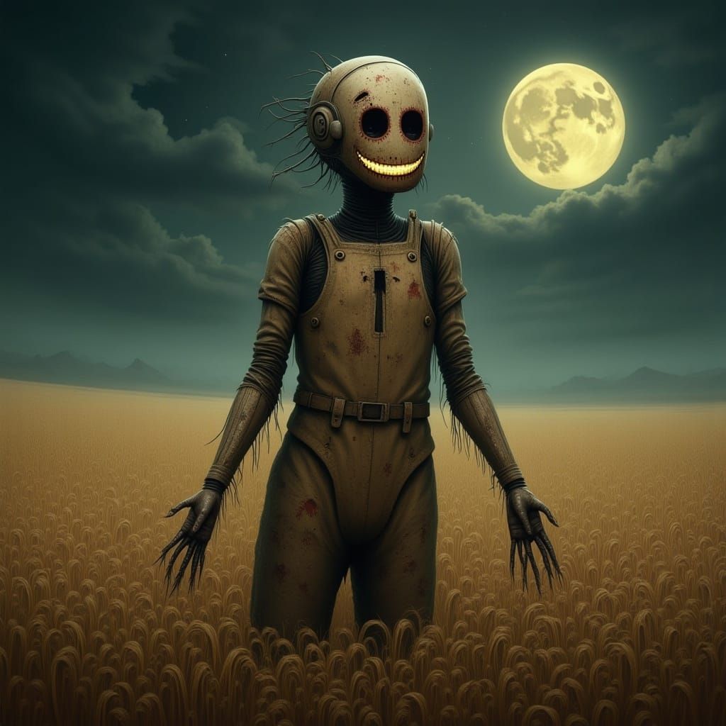 Eerie Scarecrow in Moonlit Field: Dark Surrealism