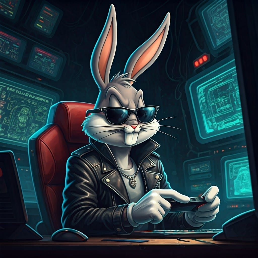 Cyberpunk Bugs Bunny in High-Stakes Gaming Session
