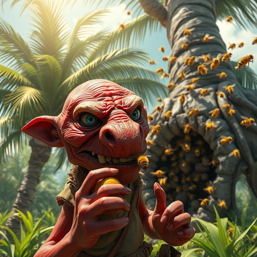 Red Creature Frantically Detaches Bee from Nose in Lush Envi...