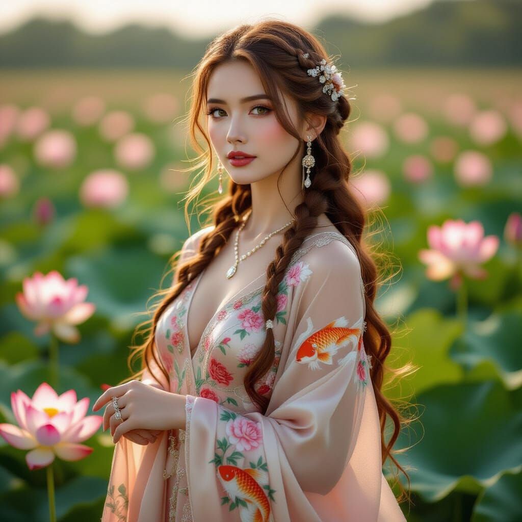 Rose Gold Woman in Lotus Field: Hyperrealistic Art
