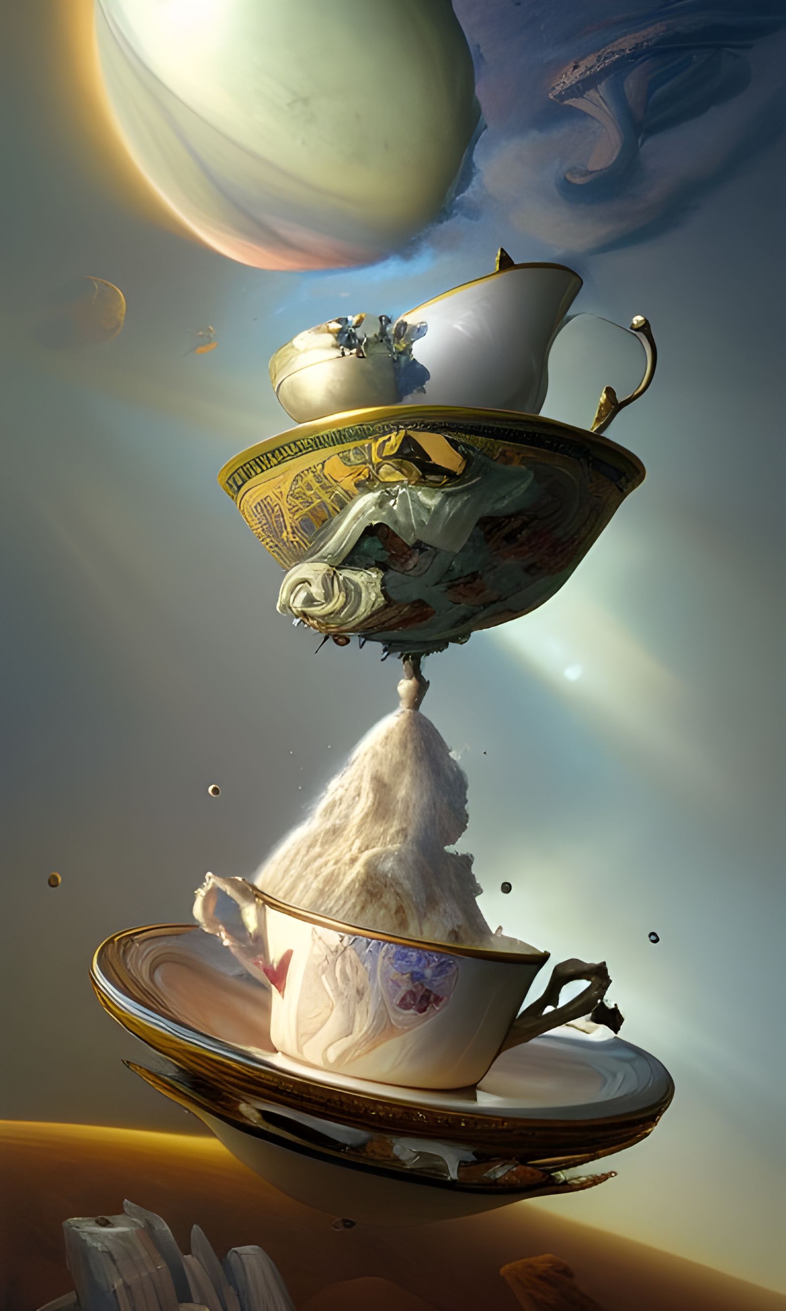 Surreal Gravity Defying Teacup Stack