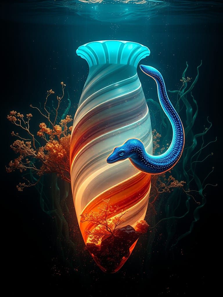 Bioluminescent Gemstone Vase with Plesiosaur, Abstract Expre...