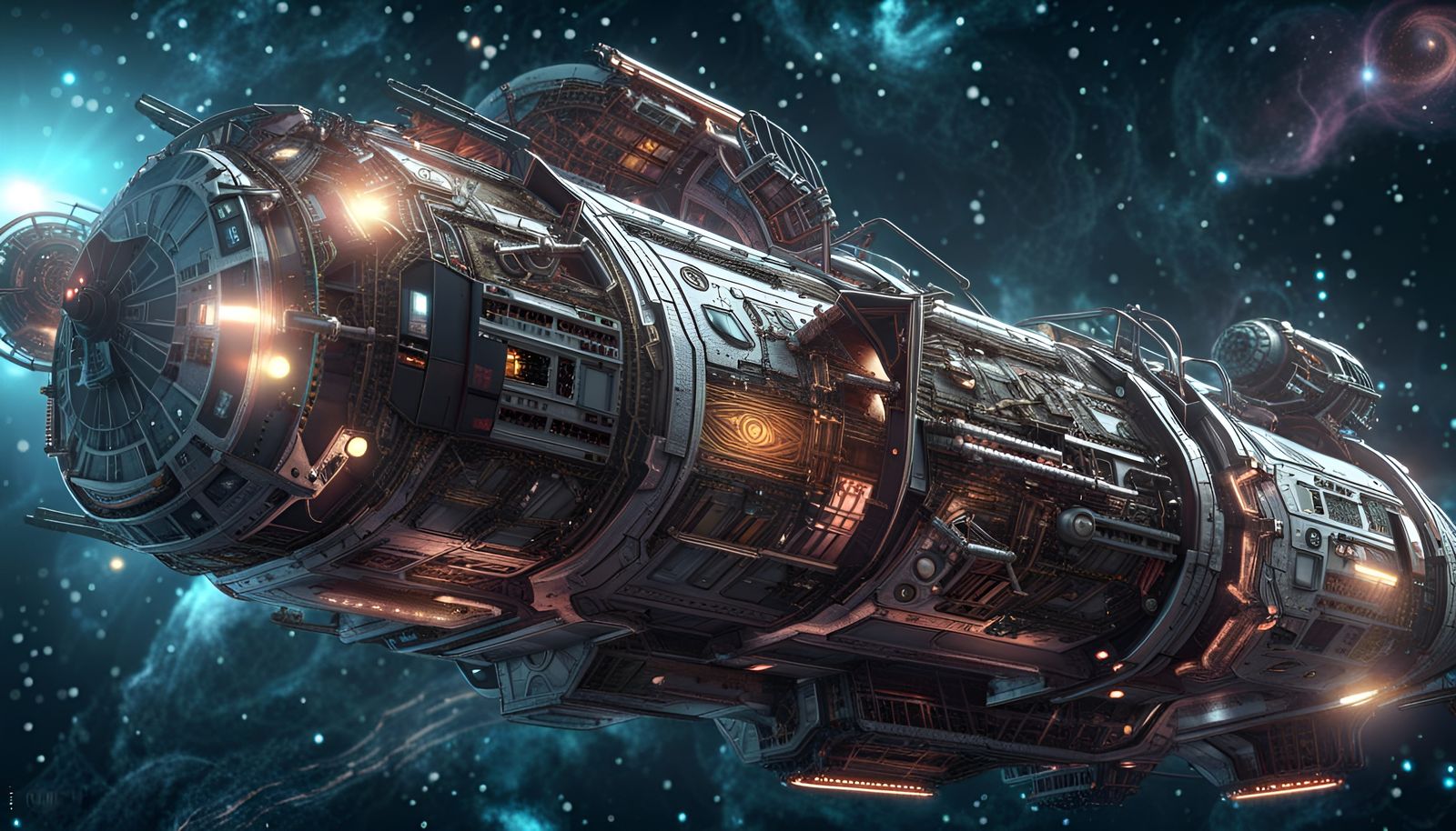 Explorer Spaceship and Nebula in 3D Render