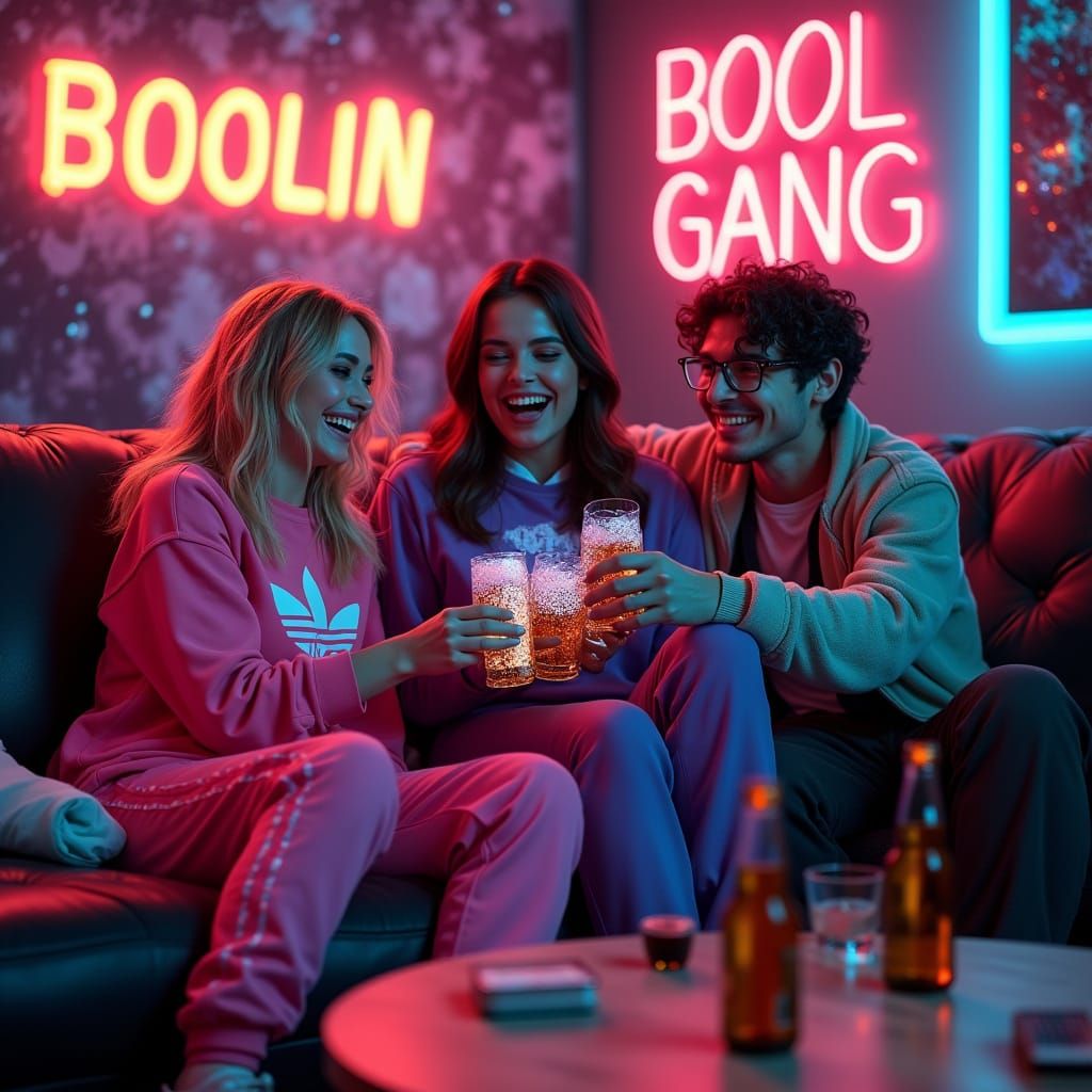 Cyberpunk Friends Lounge in a Neon Futuristic Living Room