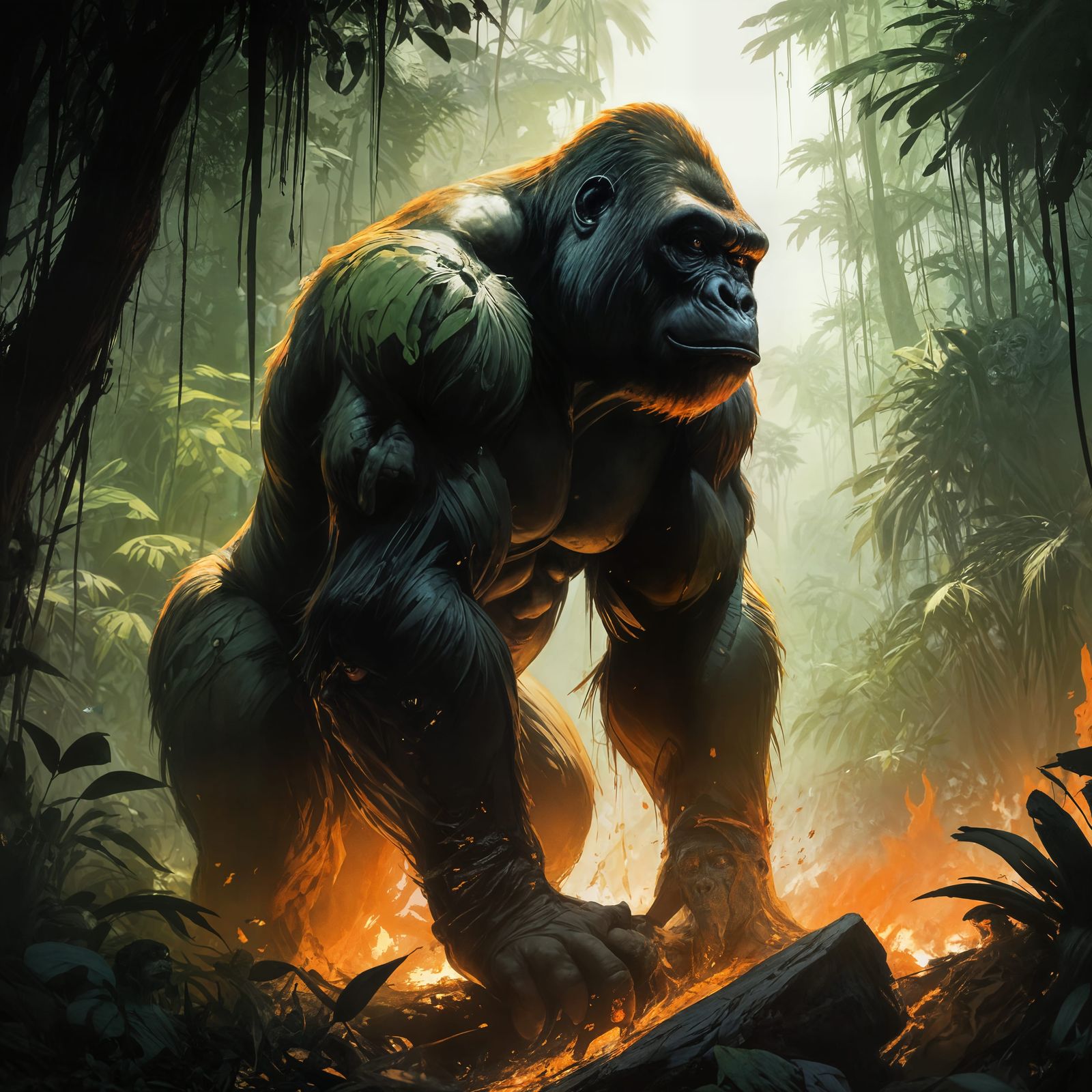Majestic Gorilla in a Burning Jungle
