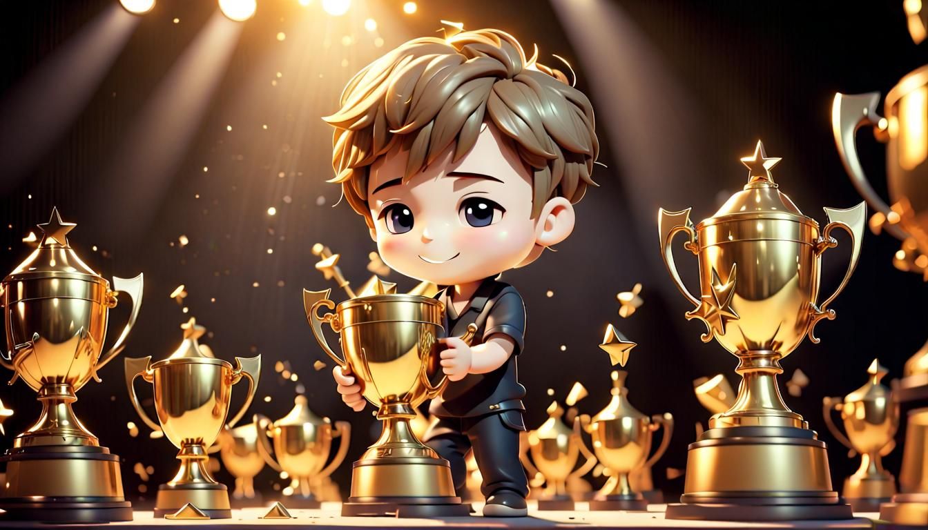 Chibi Man Cleaning Golden Trophies Backstage