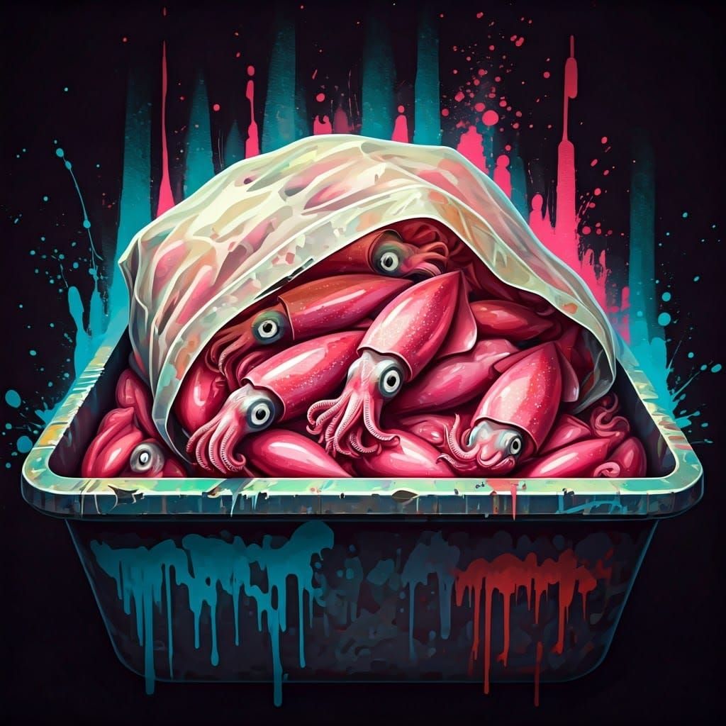 Pink Squid in Tub, Surreal Digital Art