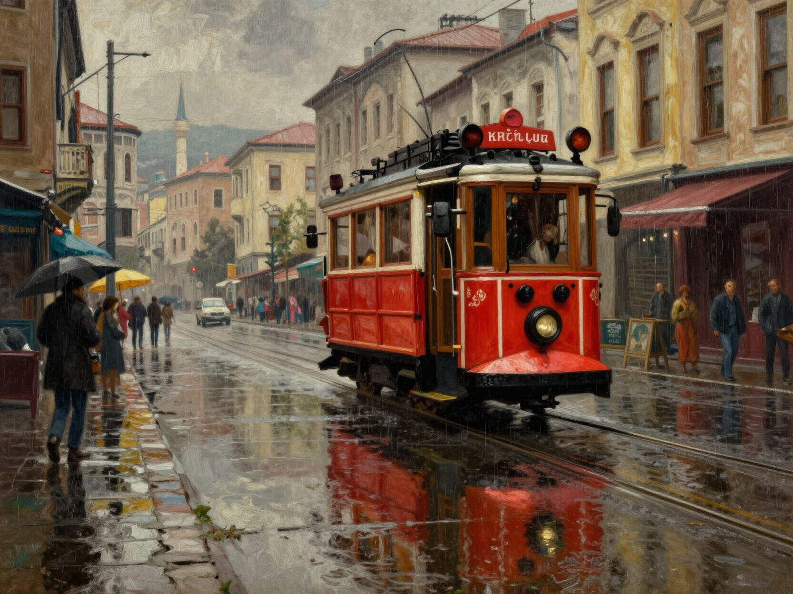 Vintage Istanbul Tram in Rainy Taksim Square