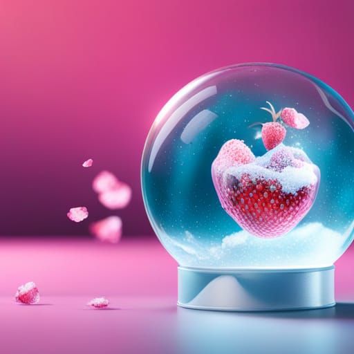 Strawberry Snow Globe with Pink Confetti, Digital Art