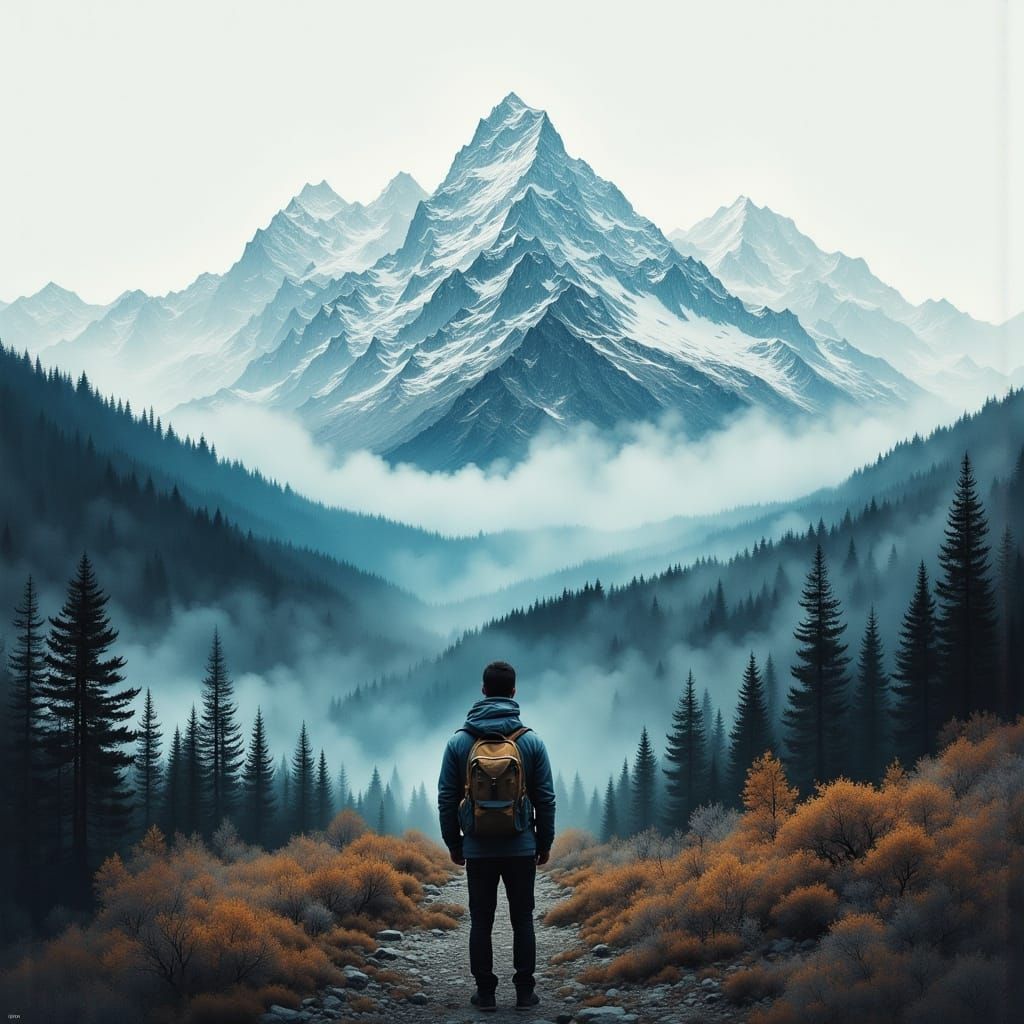 Double Exposure Mountain Hiker in Digital Painting Style