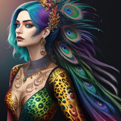 Woman with Rainbow Dragon Scales in Abstract Art