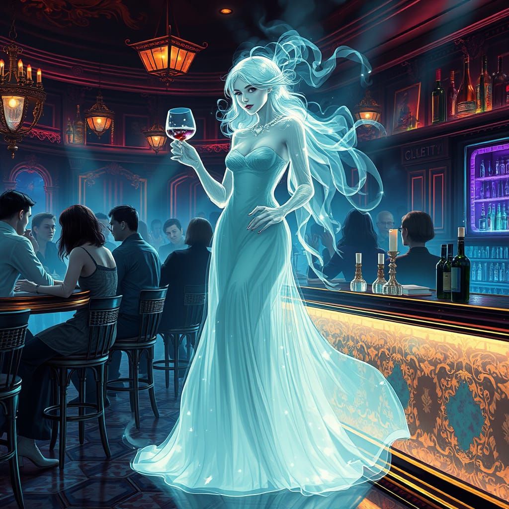 Translucent Ghost Woman at Bar with Shimmering Lights