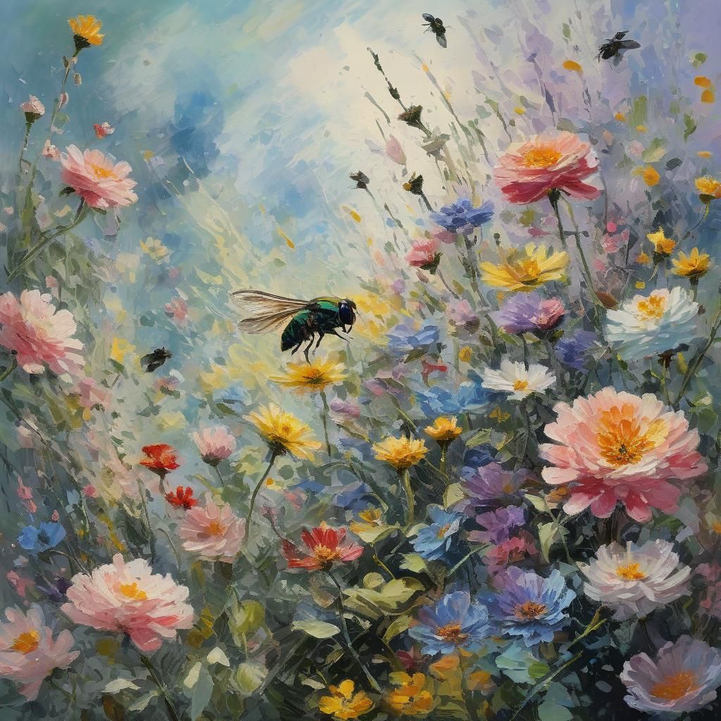 Impressionist Flower Flies on Blooms in Gouache