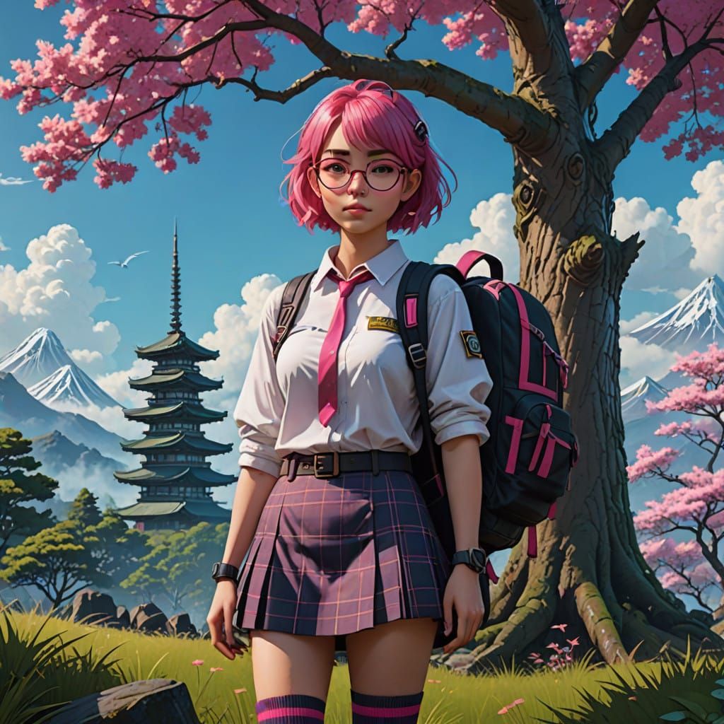 Girl in Japanese School Uniform with Vibrant Pink Hair and D...