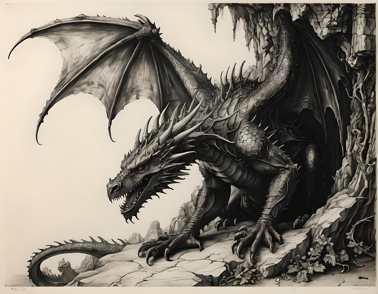 Dragon's Lair in Charcoal Drawing Style