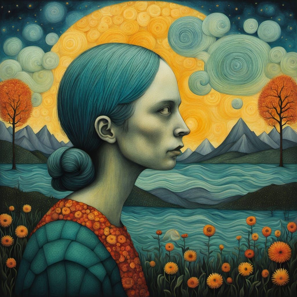 Distorted Cityscape with Suffering Figure