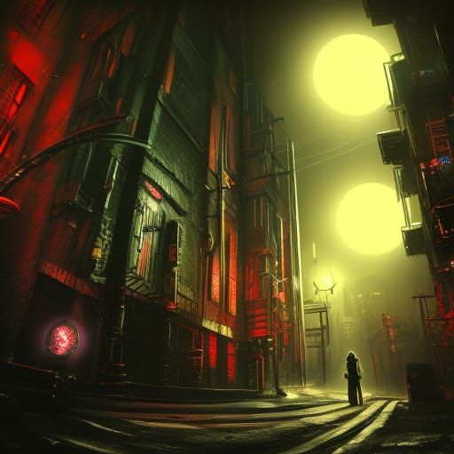 Electropunk Noir Cityscape in Eerie Moonlight