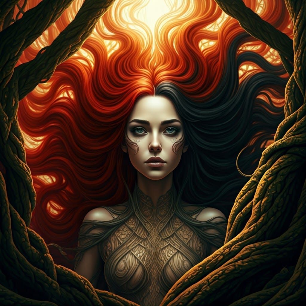 Surreal Spiderweb Hair Portrait in Golden Light