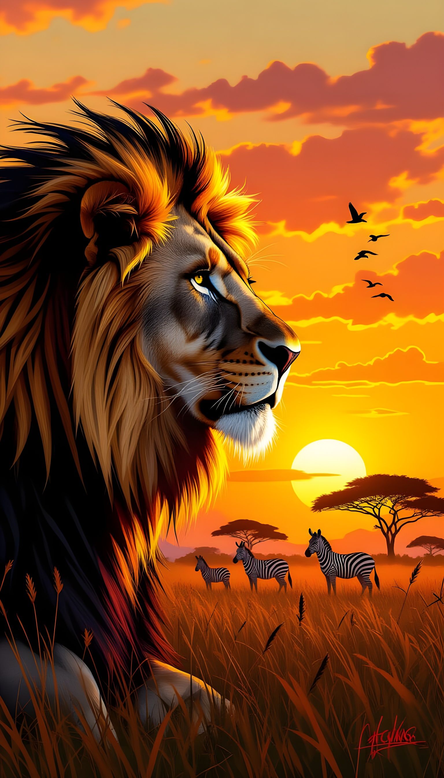 Lion's Profile Blending Into African Sunset in Graffiti Art