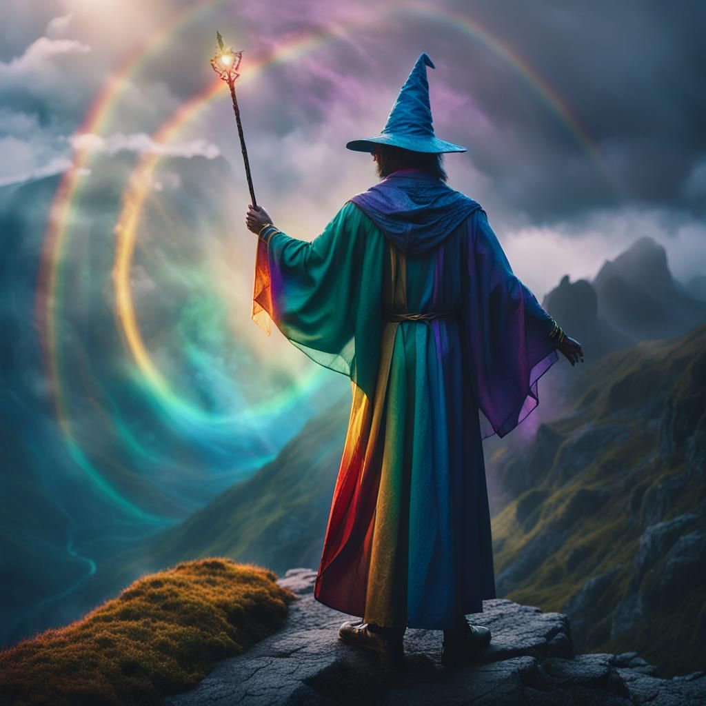 Rainbow Wizard on Misty Mountain Cliff