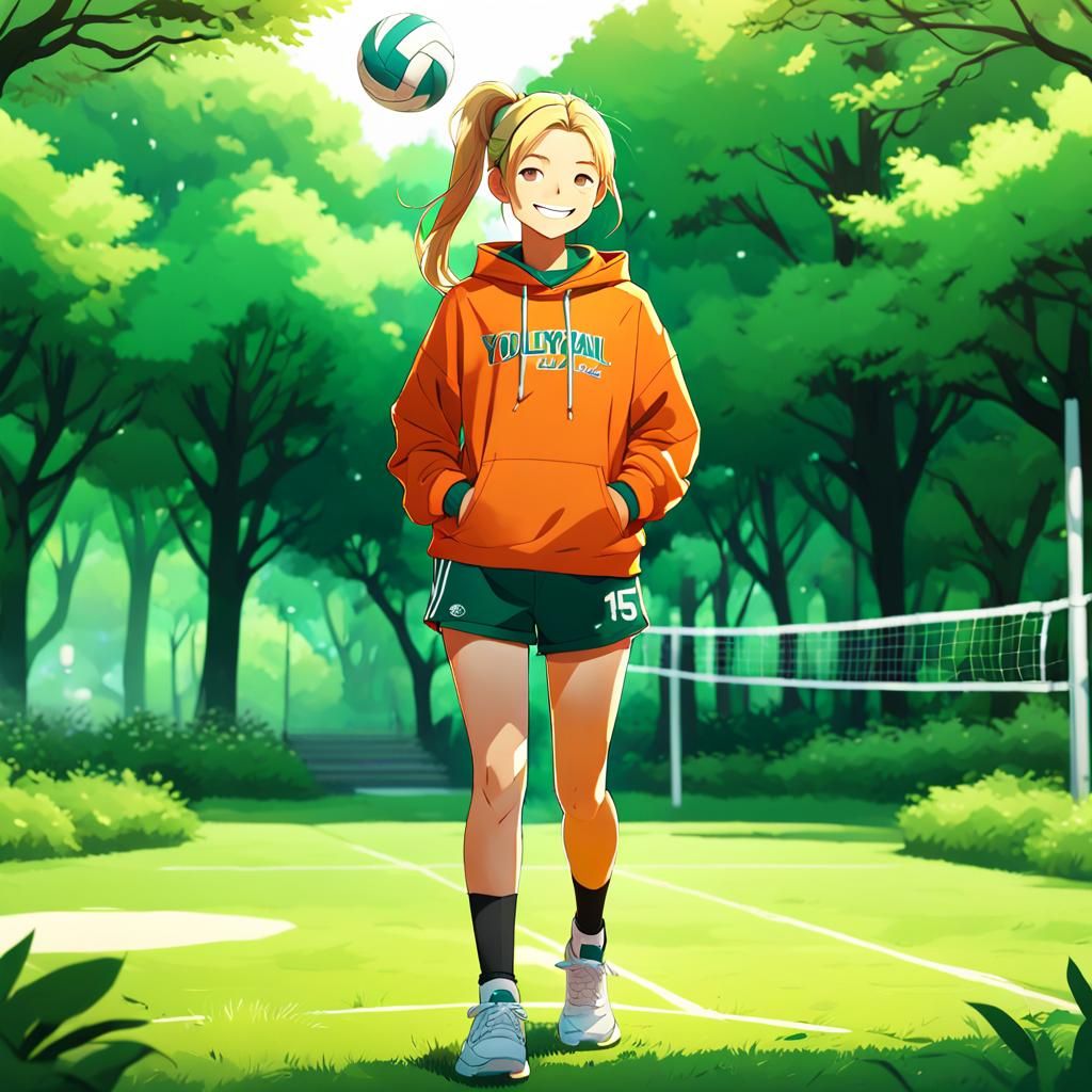 Cheerful Girl with Volleyball in 3D Anime Style