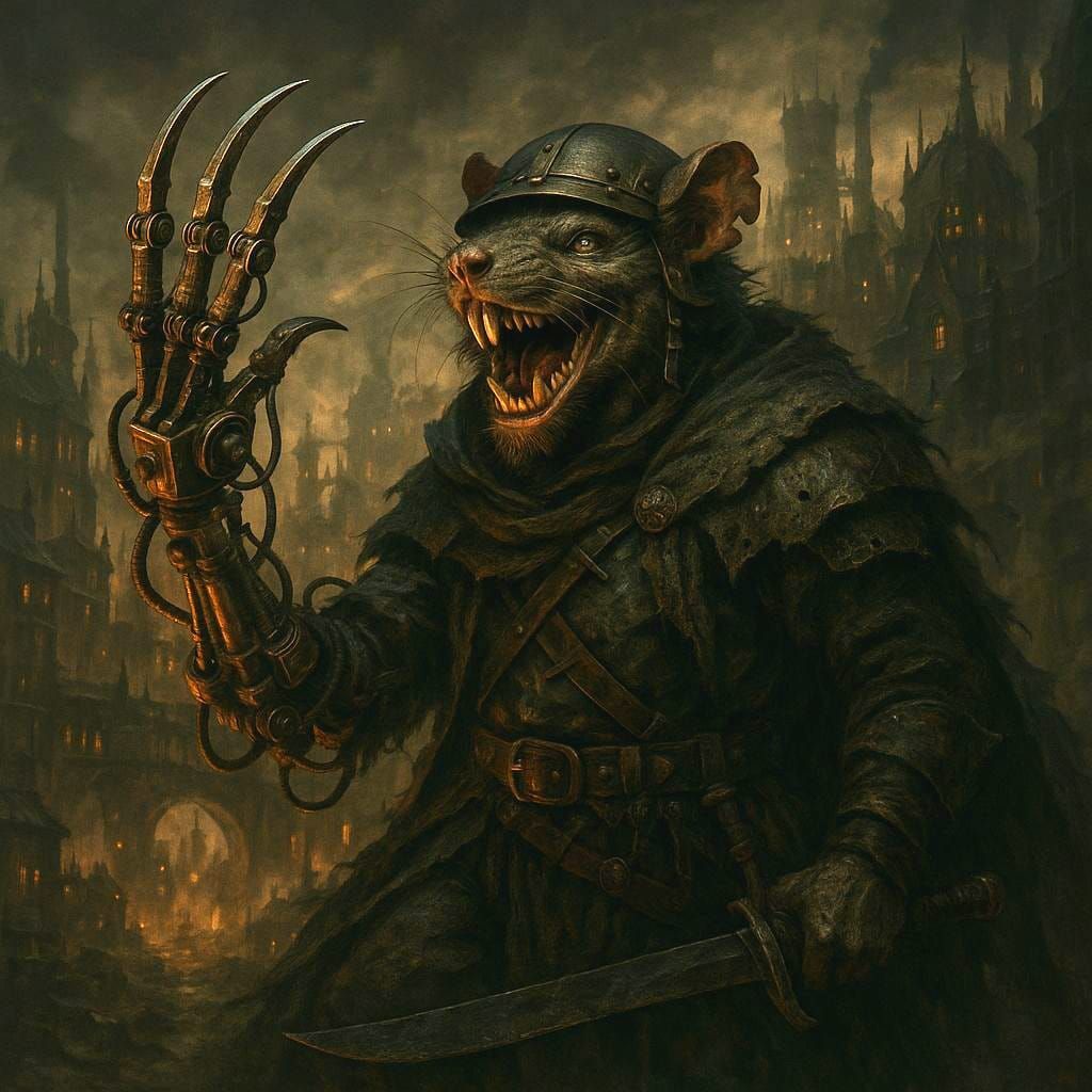 Dark Steampunk Rat-Man Warrior with Mechanical Claw